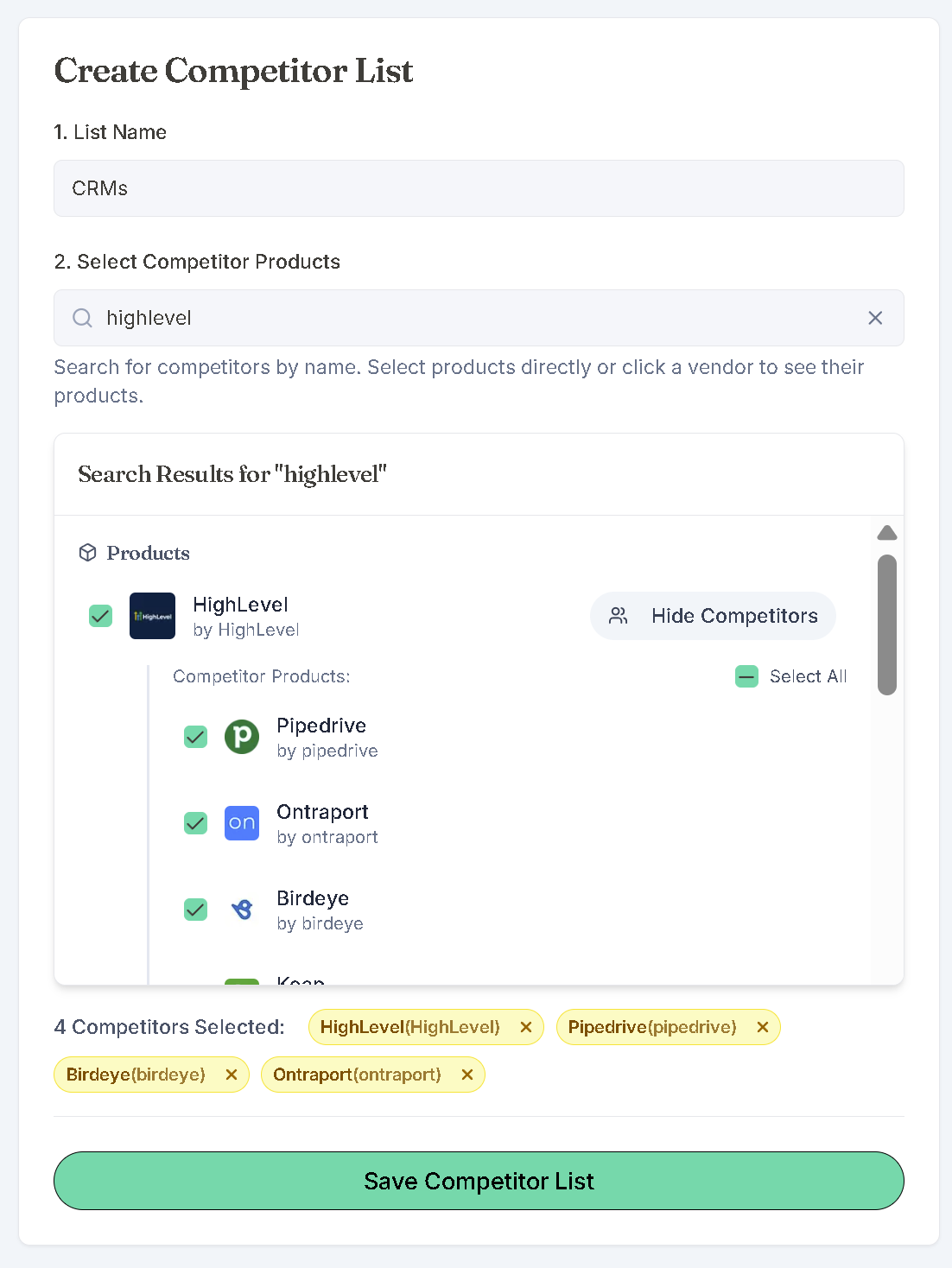 Creating a competitor list