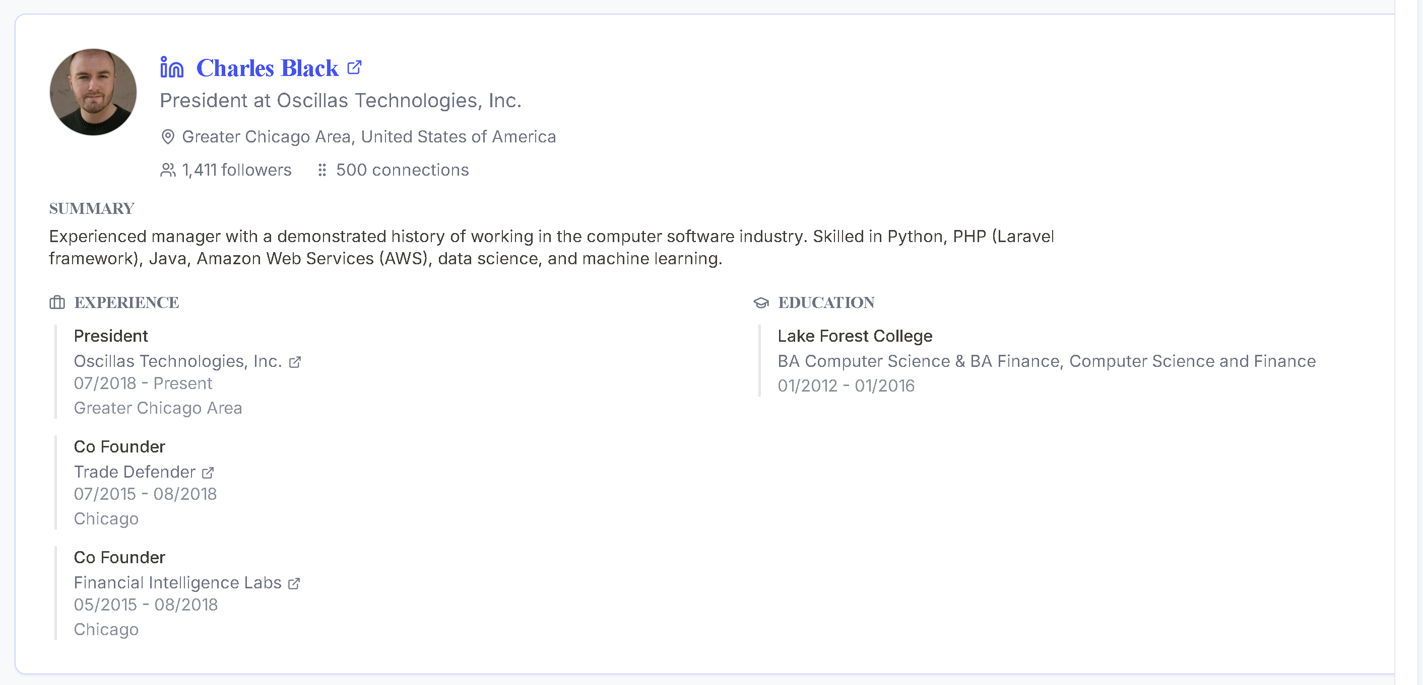 Expanded LinkedIn info